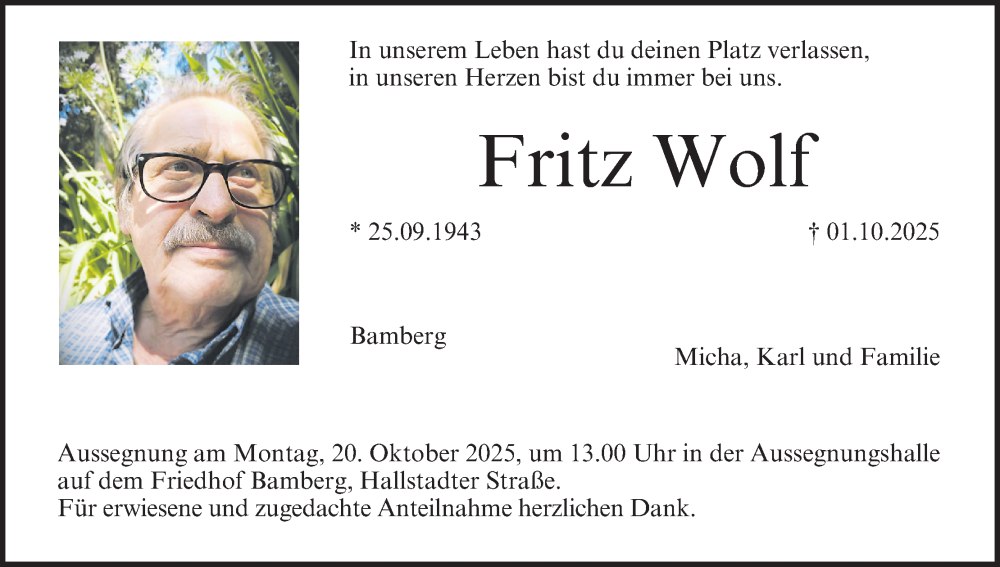  Traueranzeige für Fritz Wolf vom 11.10.2025 aus MGO