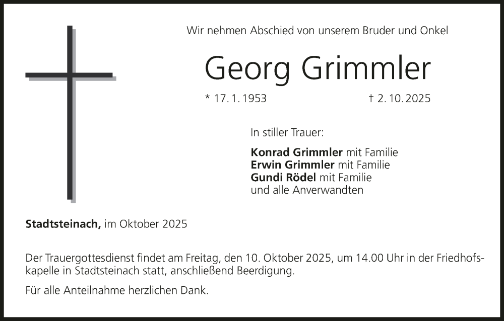 Traueranzeige für Georg Grimmler vom 08.10.2025 aus MGO