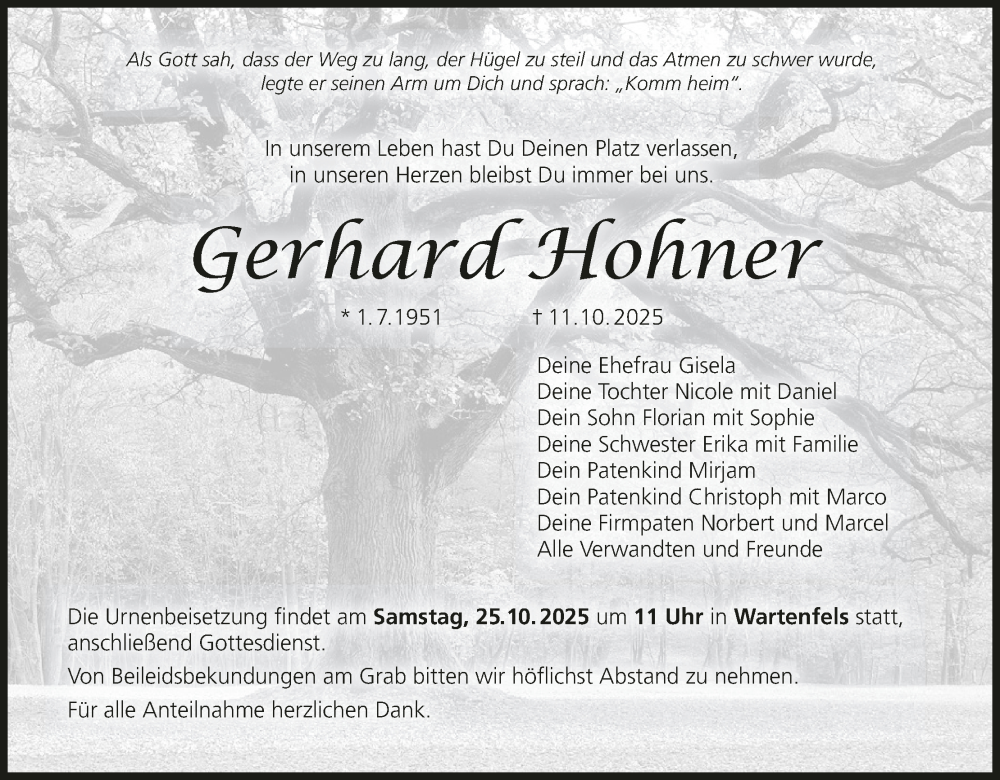  Traueranzeige für Gerhard Hohner vom 22.10.2025 aus MGO
