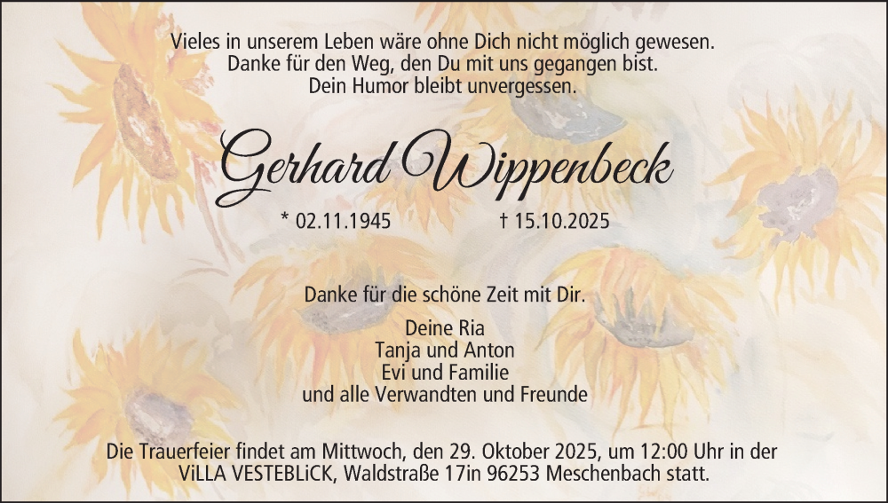  Traueranzeige für Gerhard Wippenbeck vom 25.10.2025 aus MGO