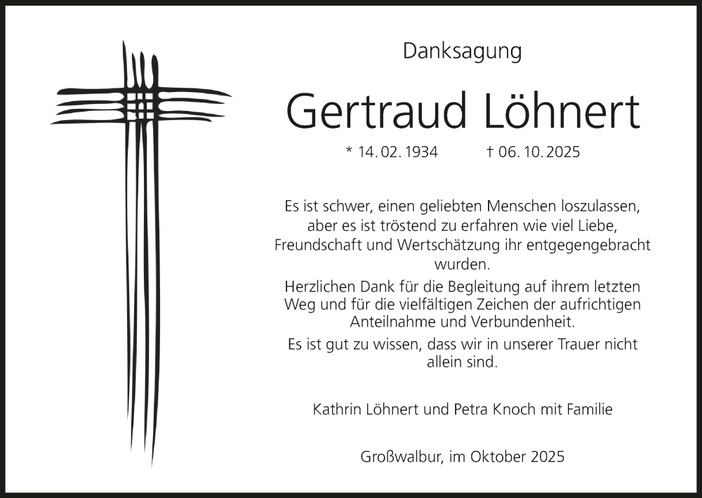  Traueranzeige für Gertraud Löhnert vom 25.10.2025 aus MGO