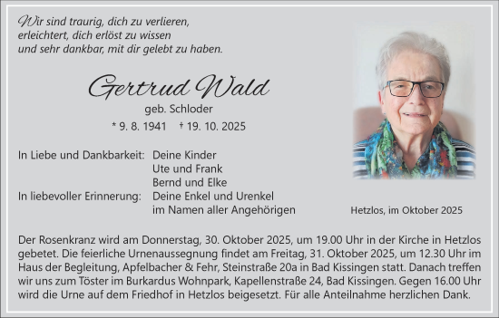 Anzeige von Gertrud Wald von MGO