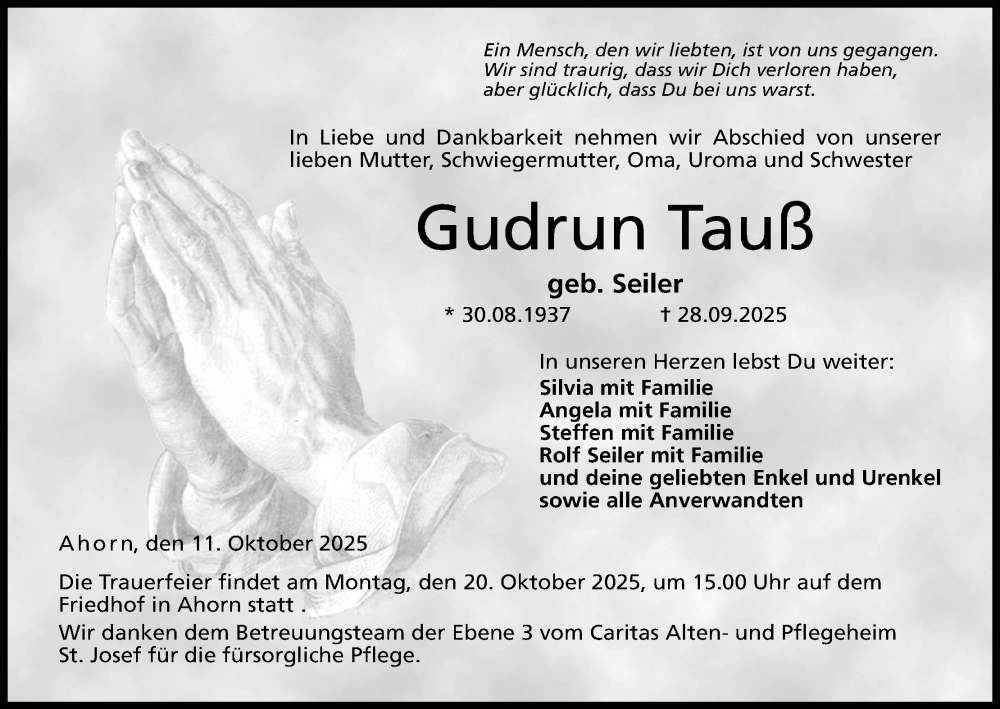 Traueranzeige für Gudrun Tauß vom 11.10.2025 aus MGO