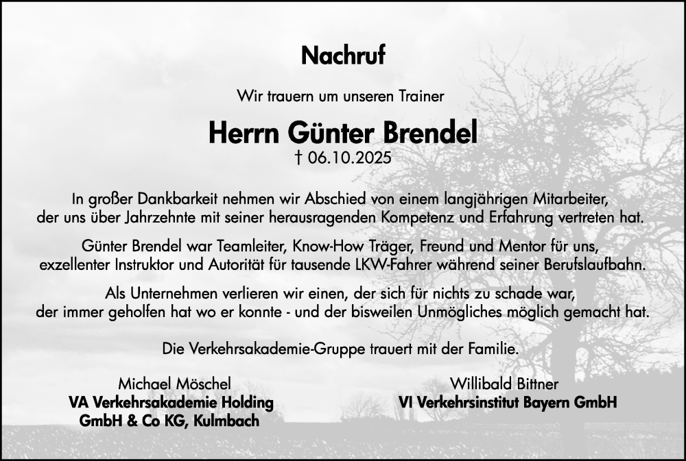  Traueranzeige für Günter Brendel vom 24.10.2025 aus MGO