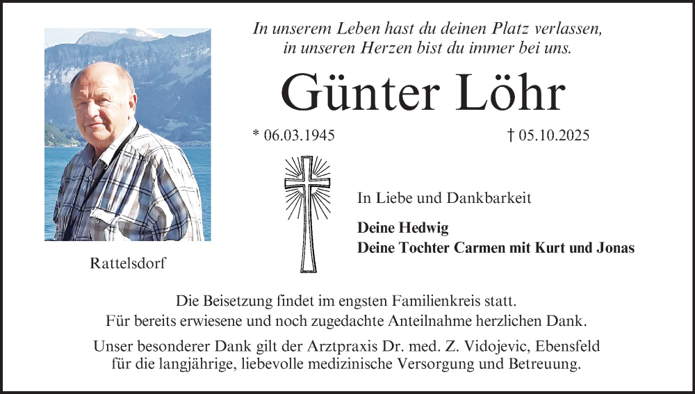  Traueranzeige für Günter Löhr vom 18.10.2025 aus MGO