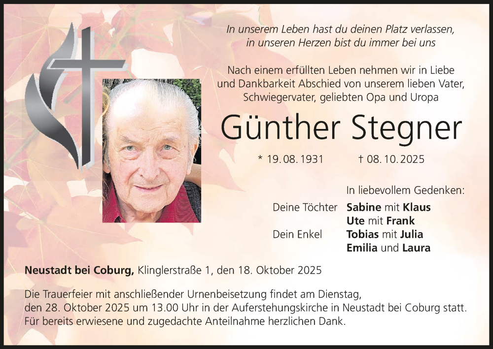  Traueranzeige für Günther Stegner vom 18.10.2025 aus MGO