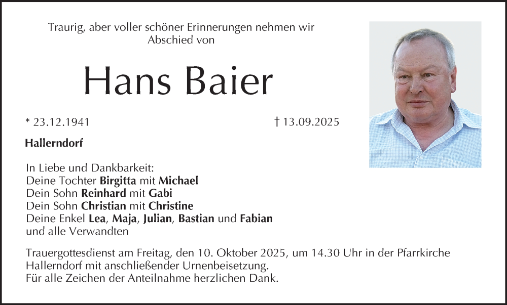  Traueranzeige für Hans Baier vom 04.10.2025 aus MGO