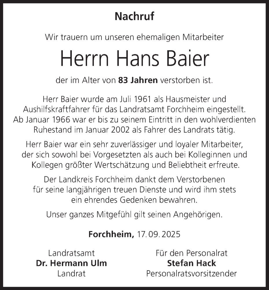  Traueranzeige für Hans Baier vom 04.10.2025 aus MGO