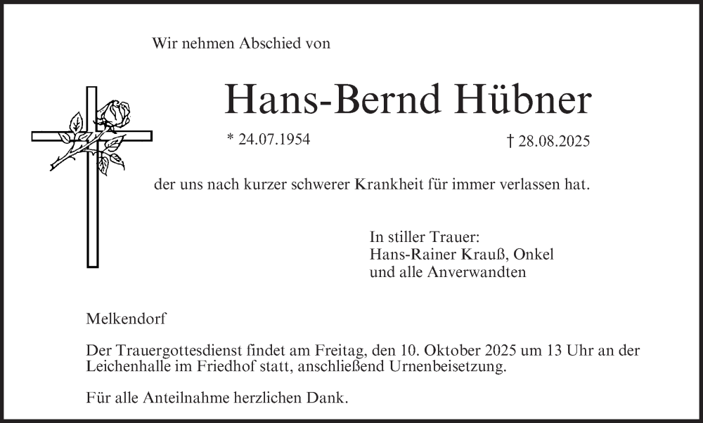  Traueranzeige für Hans-Bernd Hübner vom 07.10.2025 aus MGO