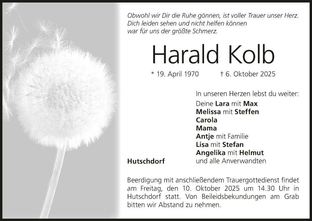  Traueranzeige für Harald Kolb vom 08.10.2025 aus MGO