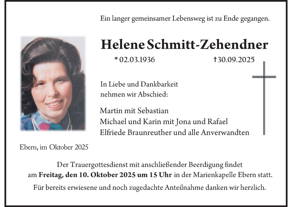  Traueranzeige für Helene Schmitt-Zehendner vom 08.10.2025 aus MGO