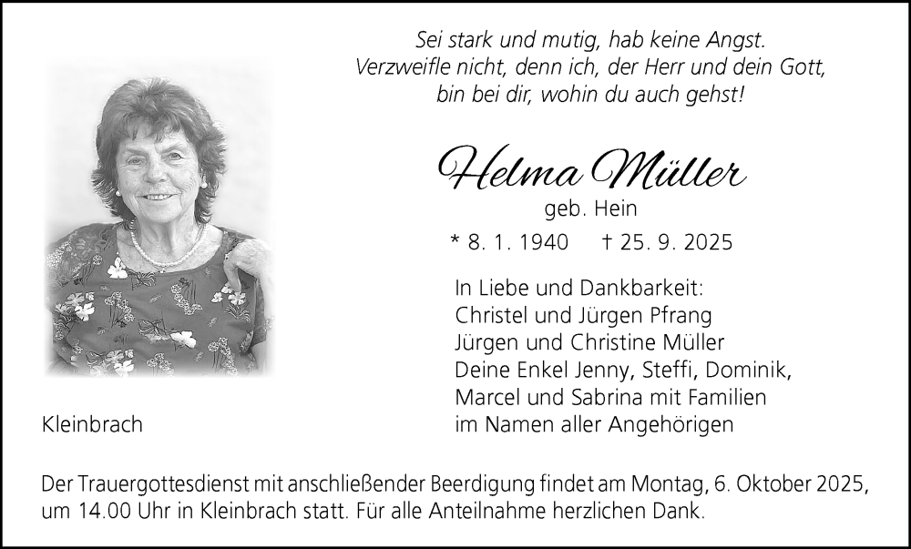  Traueranzeige für Helma Müller vom 04.10.2025 aus MGO