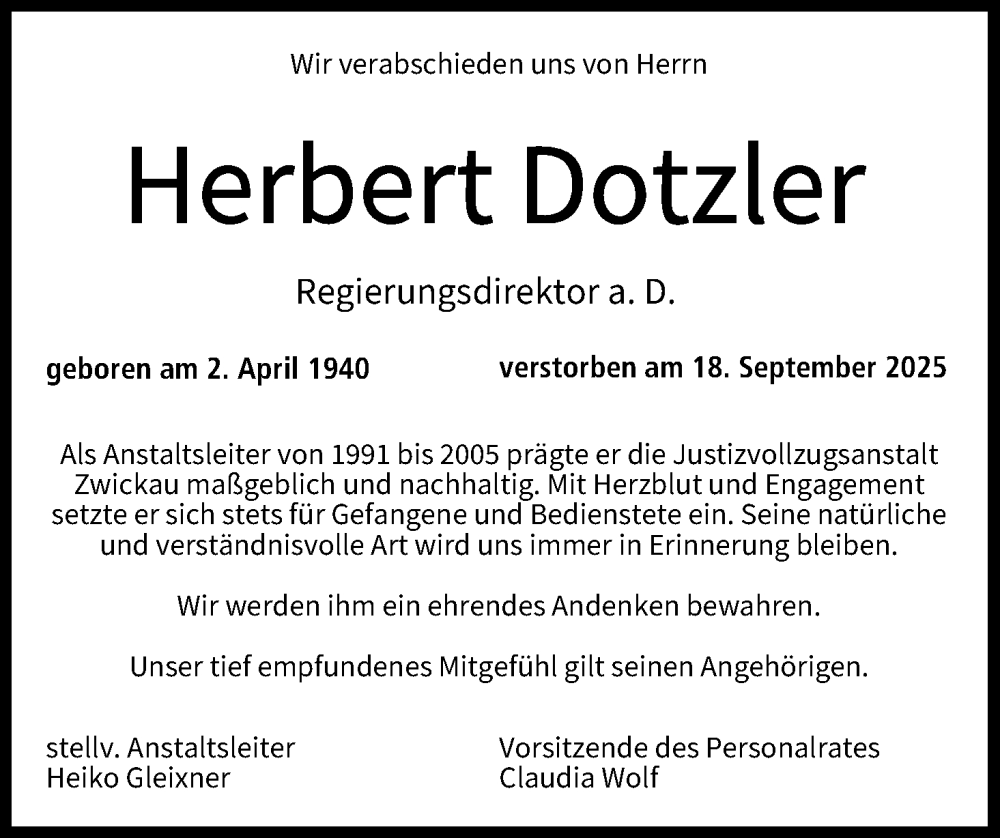  Traueranzeige für Herbert Dotzler vom 11.10.2025 aus MGO