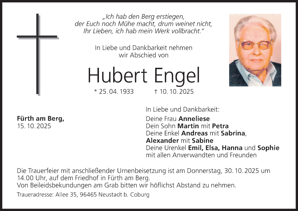  Traueranzeige für Hubert Engel vom 25.10.2025 aus MGO