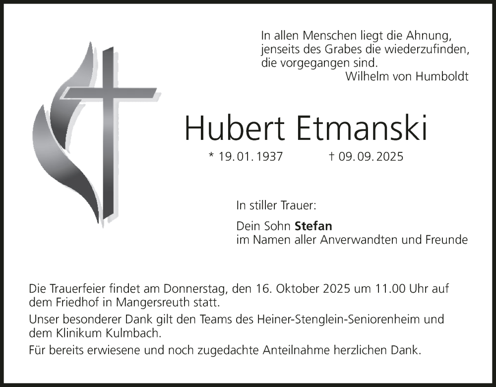 Traueranzeige für Hubert Etmanski vom 11.10.2025 aus MGO