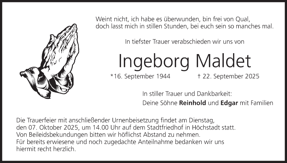  Traueranzeige für Ingeborg Maldet vom 04.10.2025 aus MGO