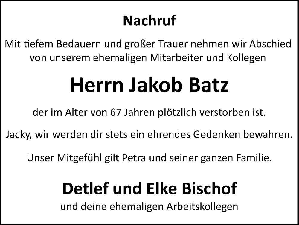  Traueranzeige für Jakob Batz vom 25.10.2025 aus MGO