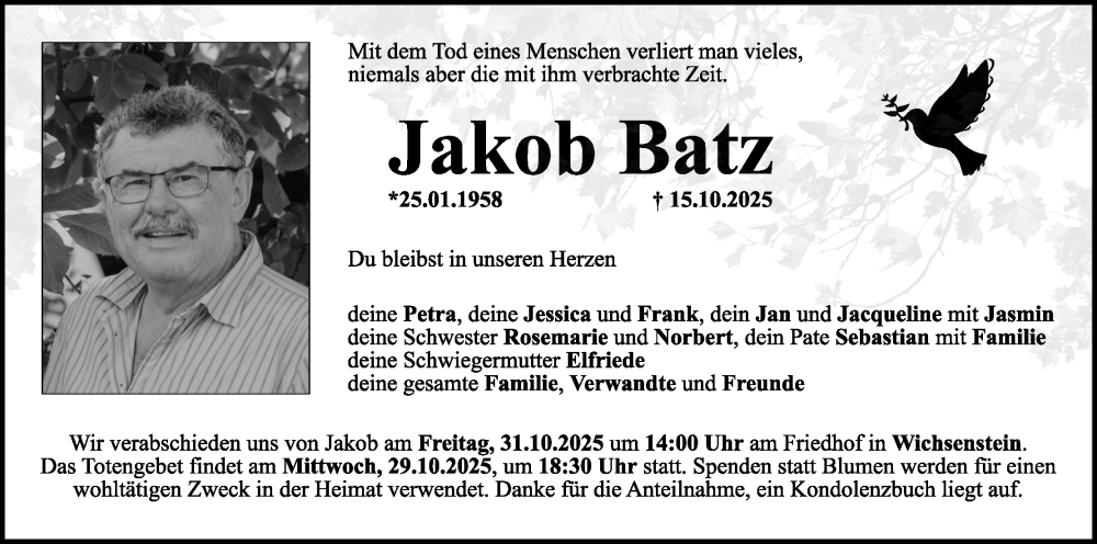  Traueranzeige für Jakob Batz vom 25.10.2025 aus MGO