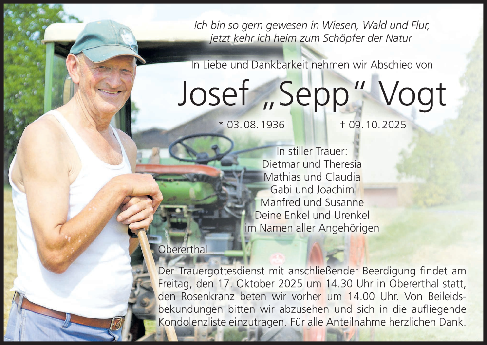  Traueranzeige für Josef Vogt vom 14.10.2025 aus MGO