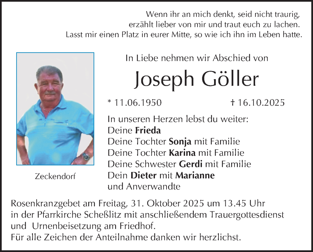  Traueranzeige für Joseph Göller vom 25.10.2025 aus MGO