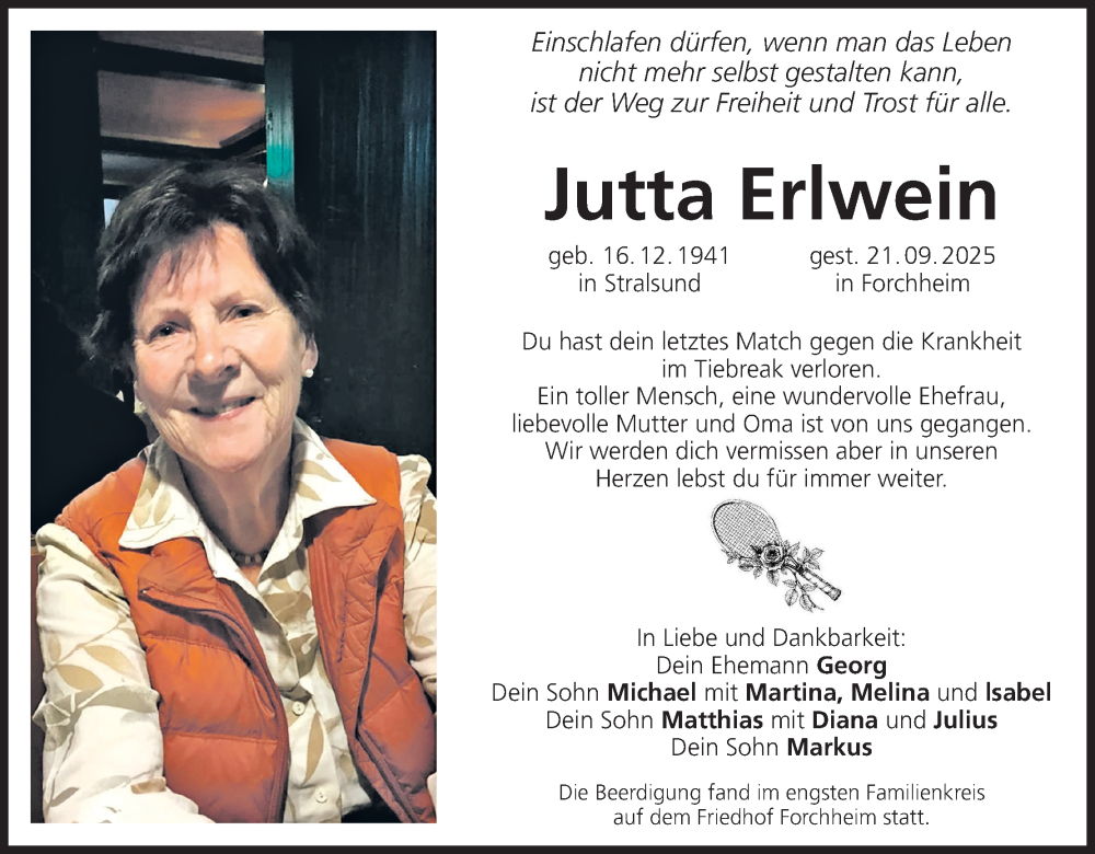  Traueranzeige für Jutta Erlwein vom 18.10.2025 aus MGO