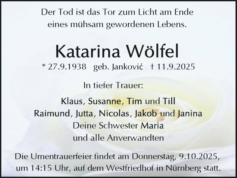  Traueranzeige für Katarina Wölfel vom 04.10.2025 aus MGO