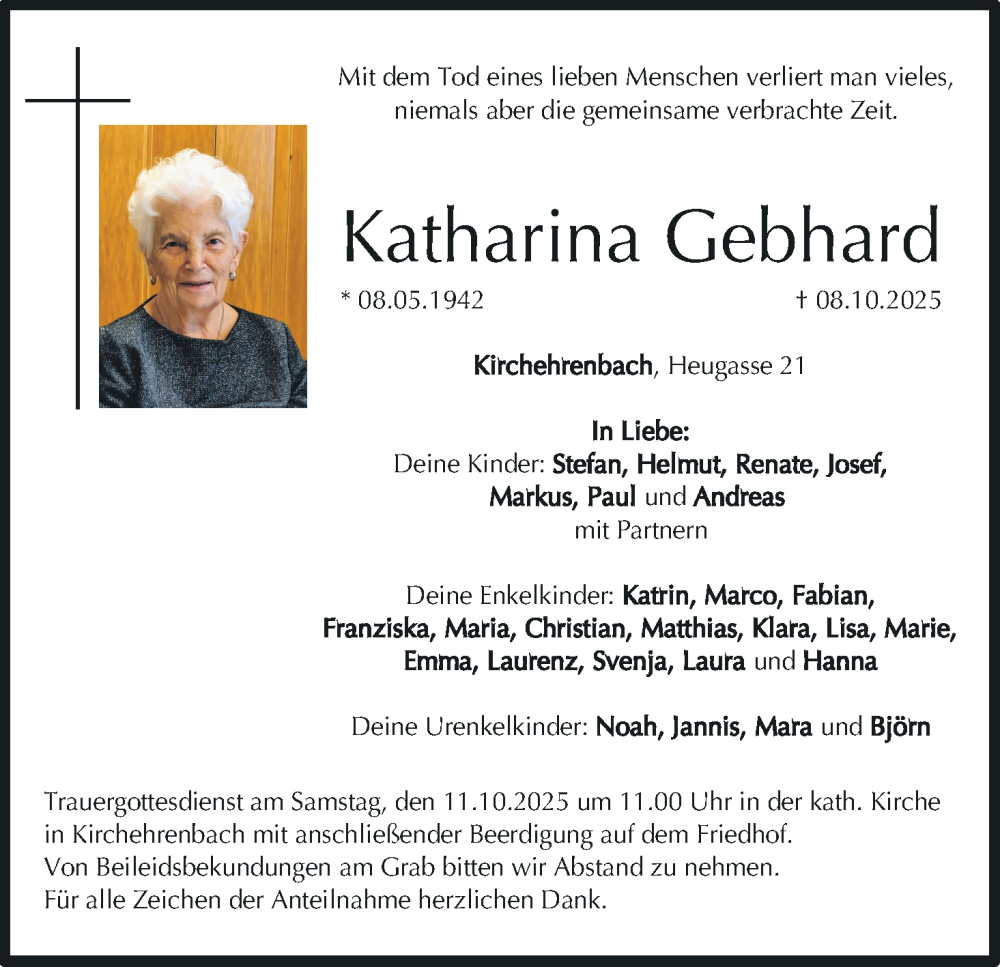  Traueranzeige für Katharina Gebhard vom 10.10.2025 aus MGO