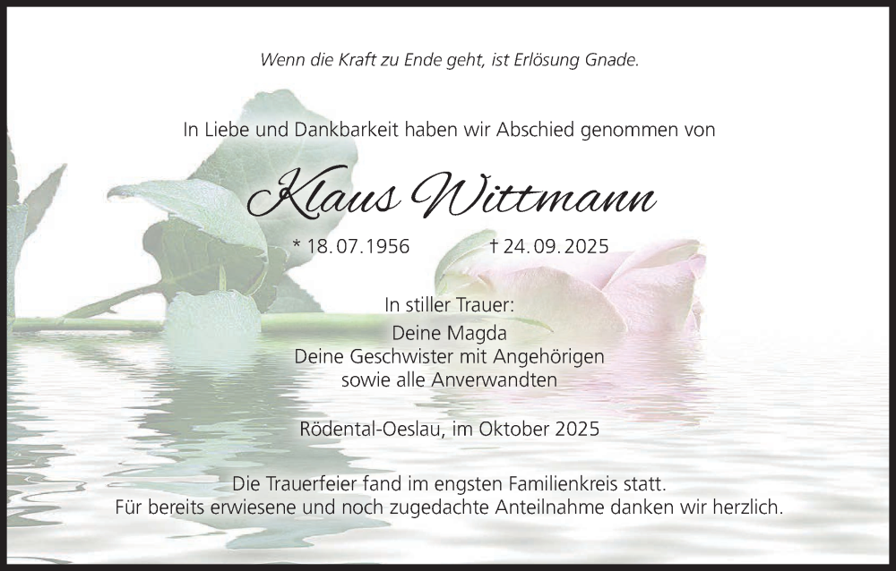 Traueranzeige für Klaus Wittmann vom 11.10.2025 aus MGO