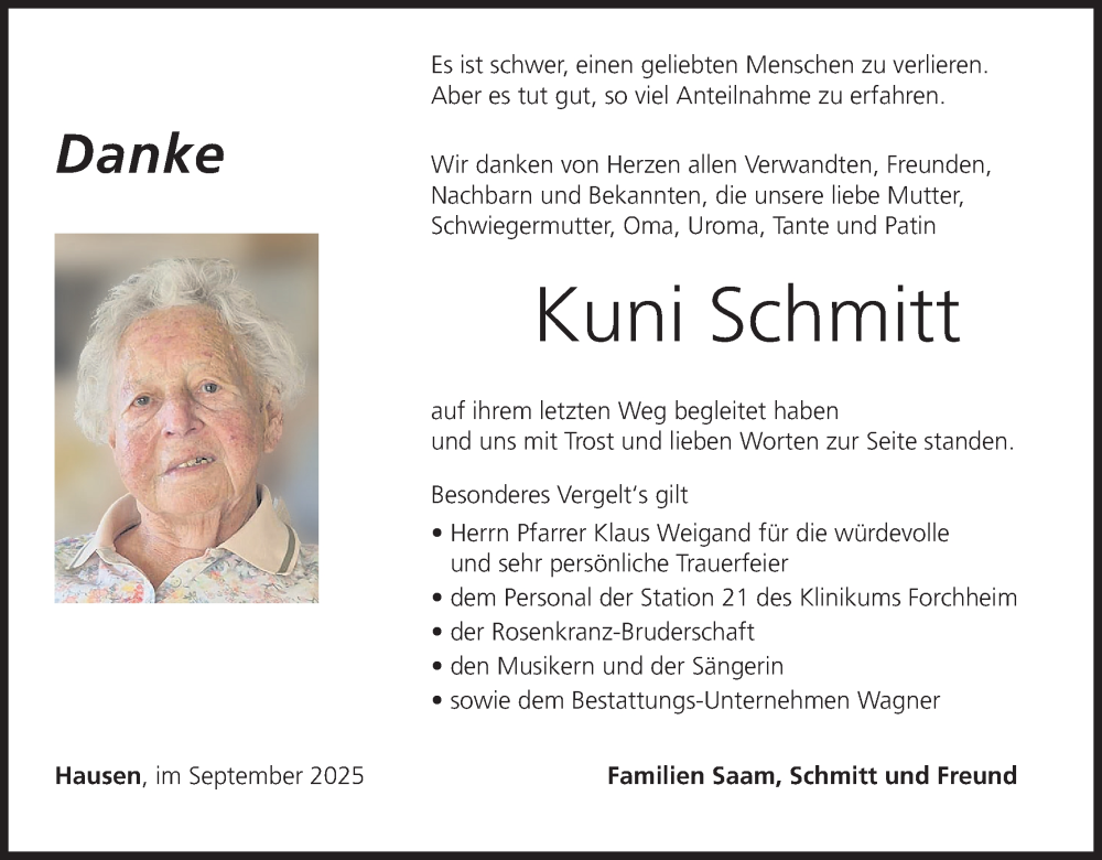  Traueranzeige für Kuni Schmitt vom 04.10.2025 aus MGO