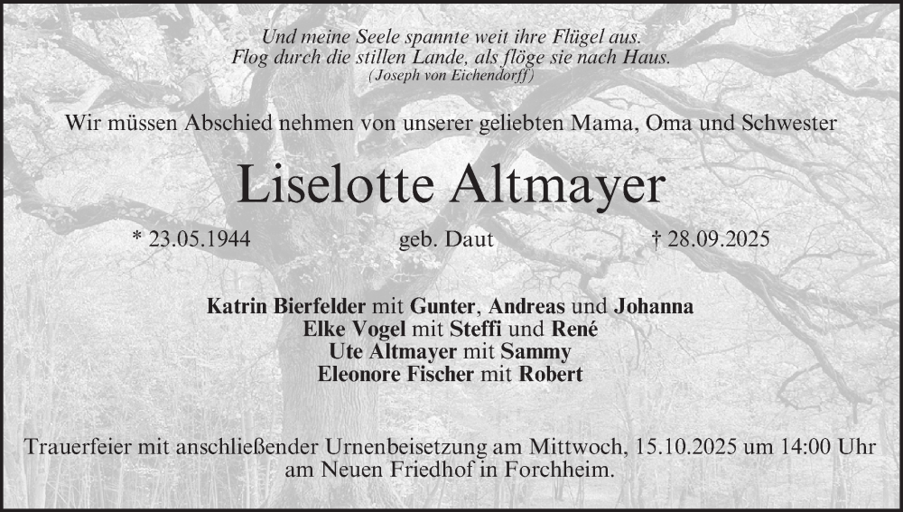  Traueranzeige für Liselotte Altmayer vom 04.10.2025 aus MGO