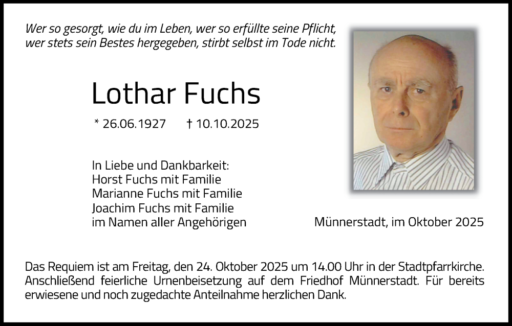  Traueranzeige für Lothar Fuchs vom 18.10.2025 aus MGO