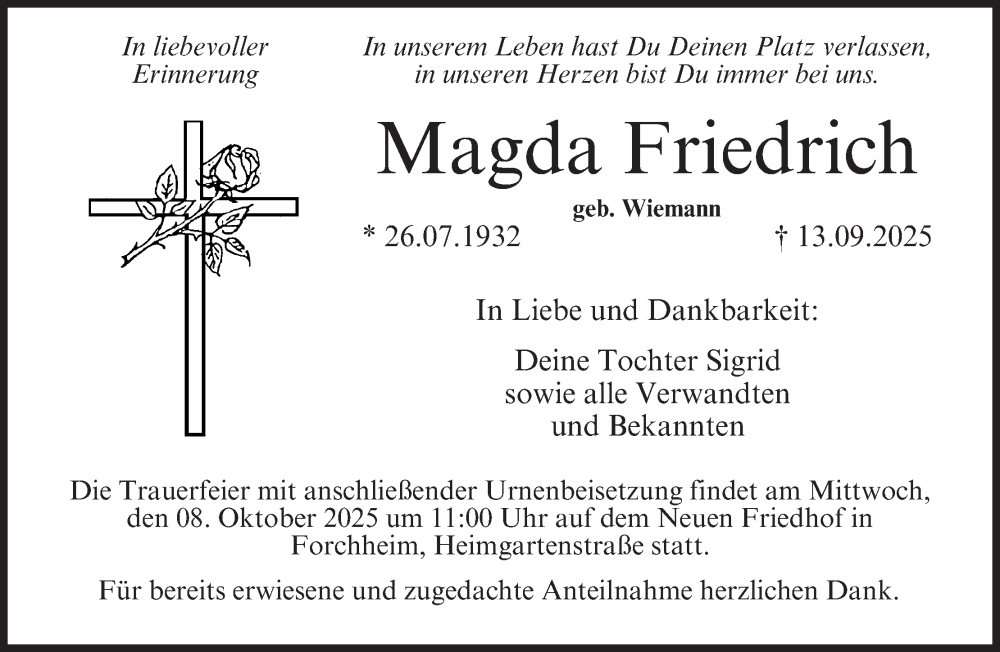  Traueranzeige für Magda Friedrich vom 04.10.2025 aus MGO