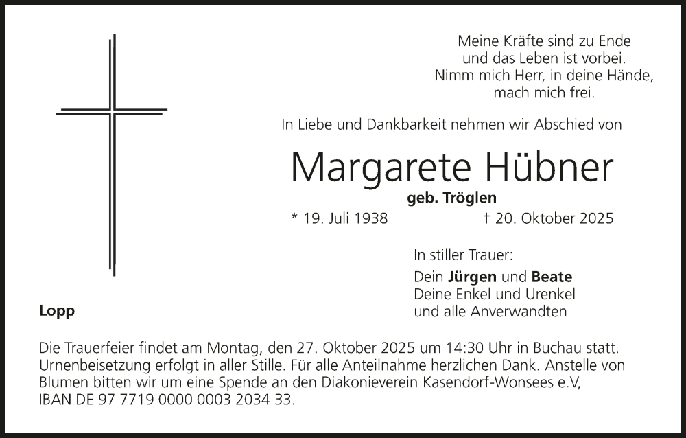  Traueranzeige für Margarete Hübner vom 24.10.2025 aus MGO