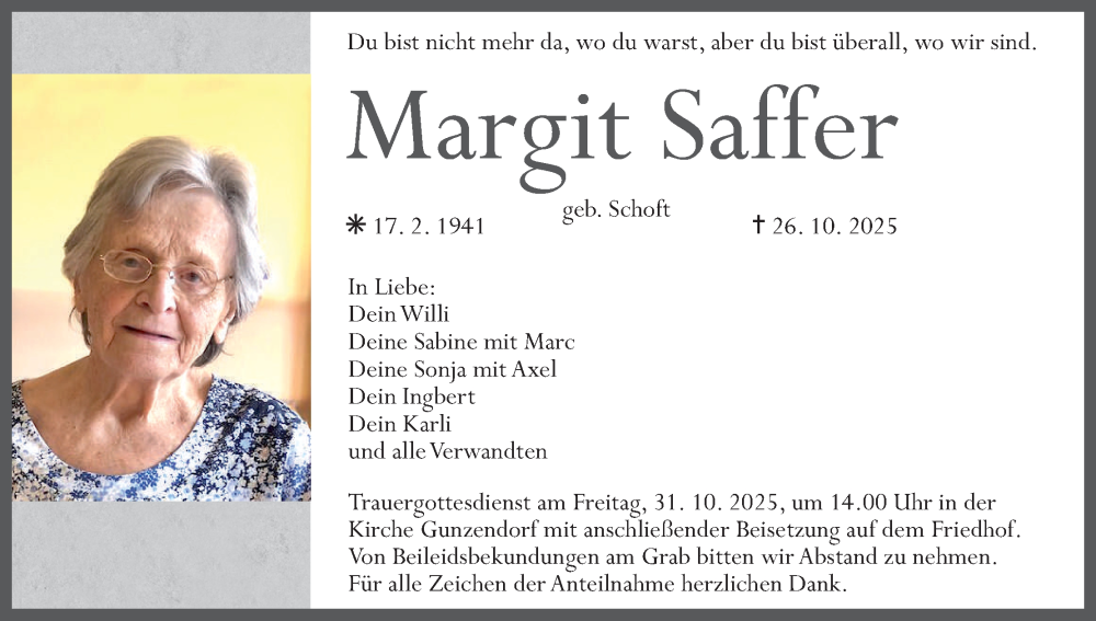  Traueranzeige für Margit Saffer vom 29.10.2025 aus MGO