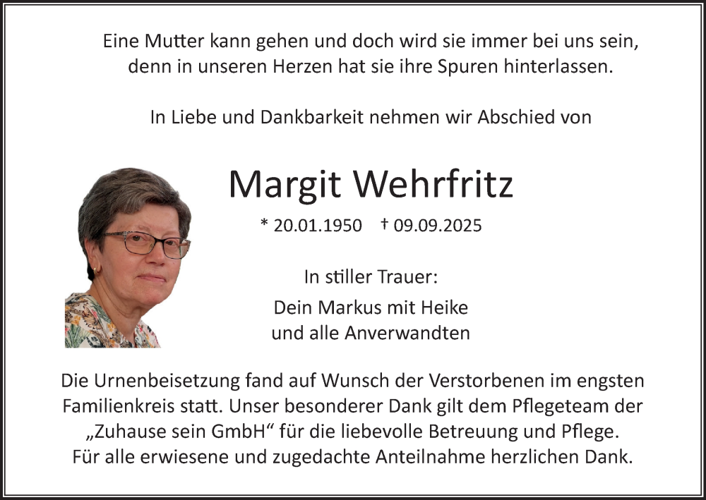  Traueranzeige für Margit Wehrfritz vom 11.10.2025 aus MGO