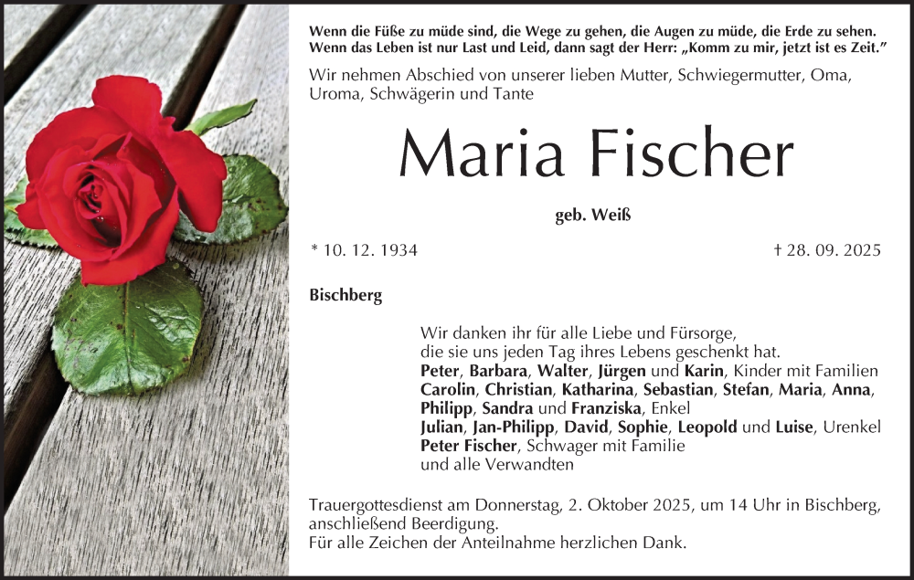  Traueranzeige für Maria Fischer vom 01.10.2025 aus MGO