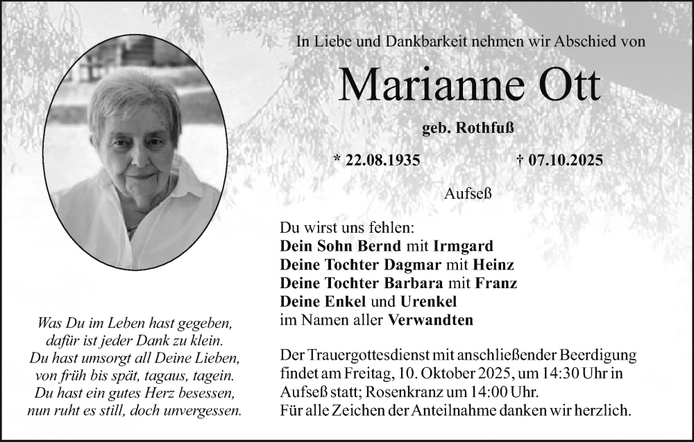  Traueranzeige für Marianne Ott vom 09.10.2025 aus MGO