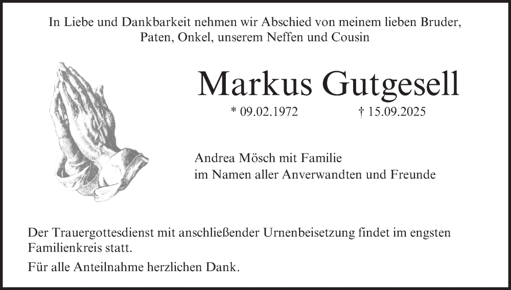  Traueranzeige für Markus Gutgesell vom 04.10.2025 aus MGO