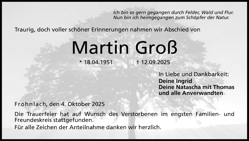  Traueranzeige für Martin Groß vom 04.10.2025 aus MGO
