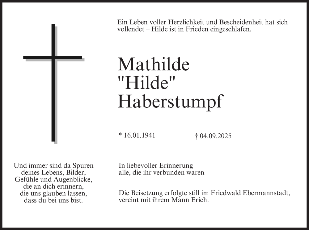 Traueranzeige für Mathilde Haberstumpf vom 04.10.2025 aus MGO