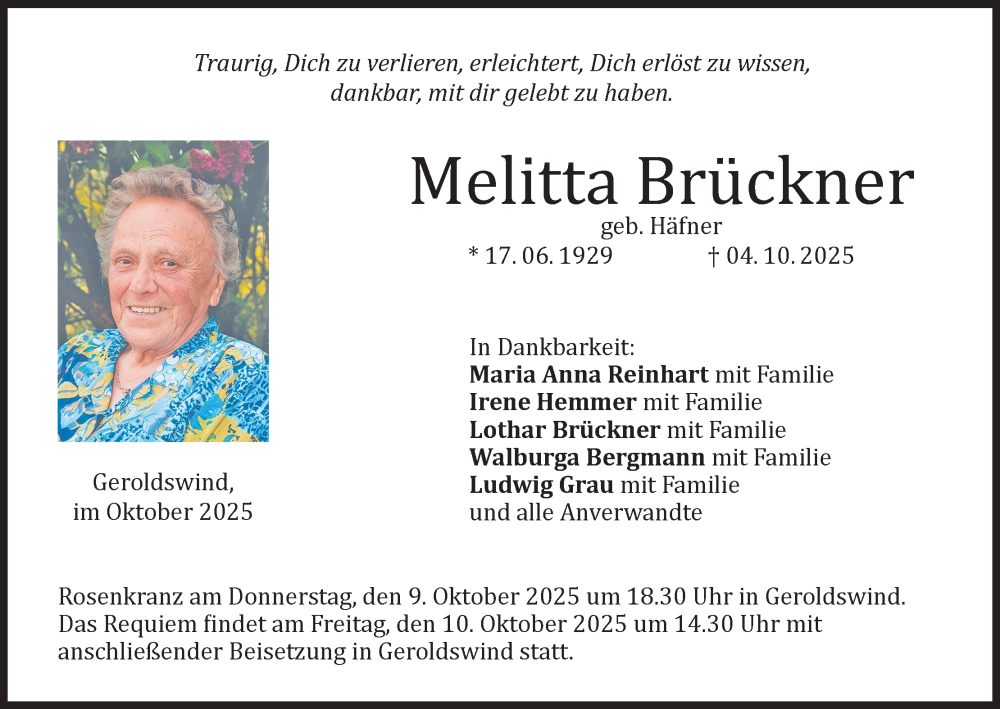  Traueranzeige für Melitta Brückner vom 08.10.2025 aus MGO