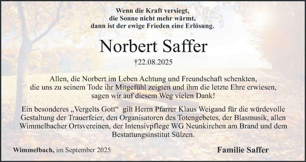  Traueranzeige für Norbert Saffer vom 04.10.2025 aus MGO