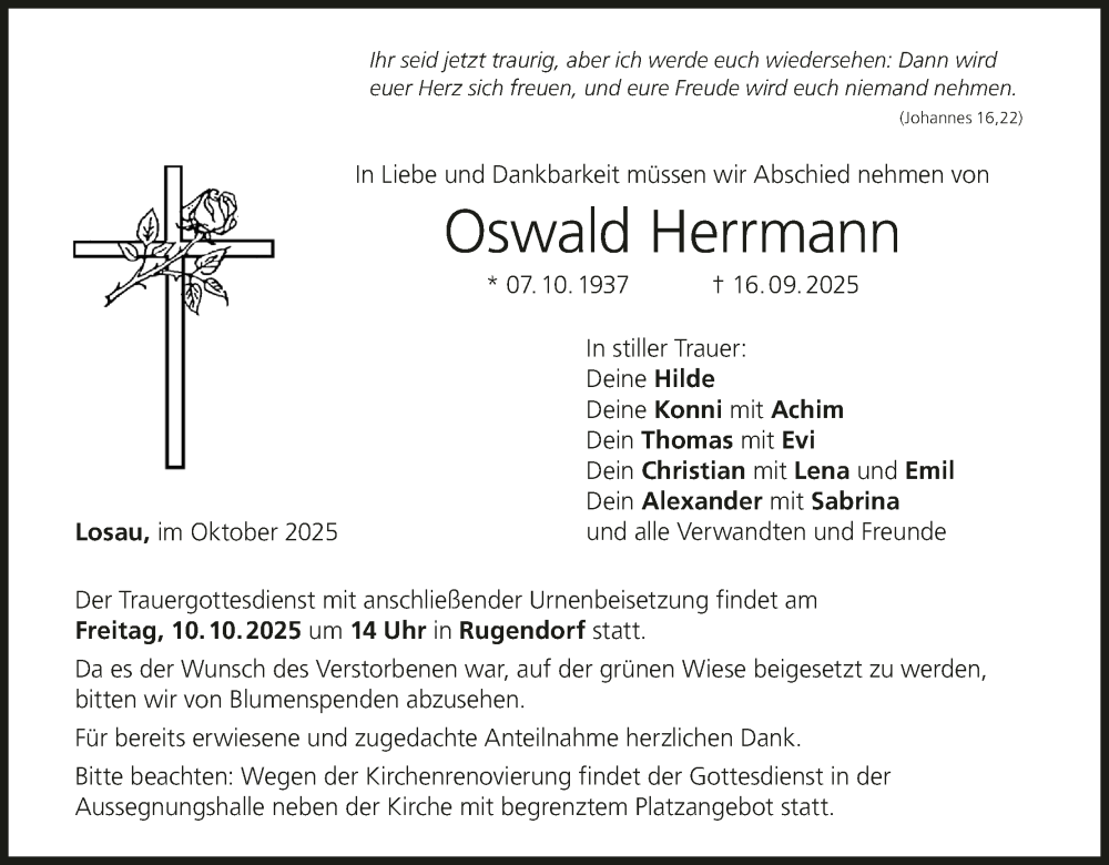  Traueranzeige für Oswald Herrmann vom 07.10.2025 aus MGO