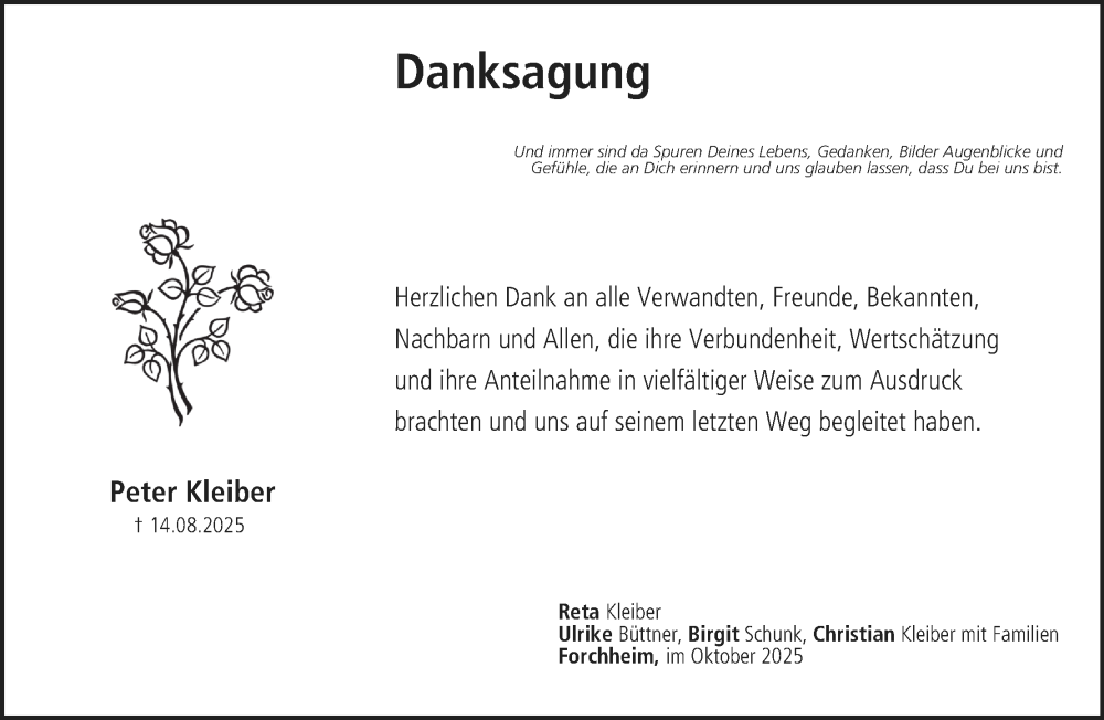  Traueranzeige für Peter Kleiber vom 18.10.2025 aus MGO