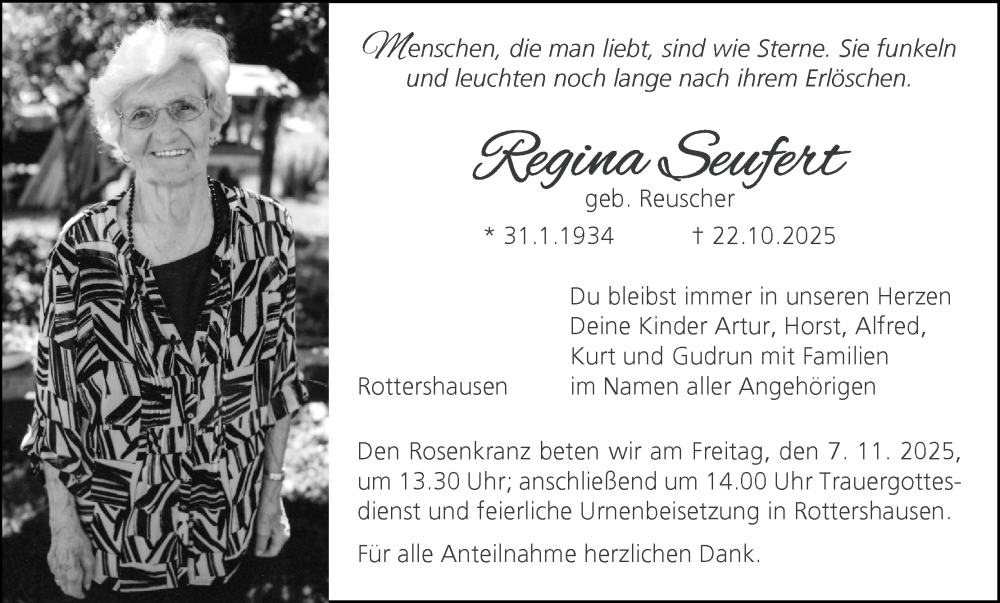  Traueranzeige für Regina Seufert vom 25.10.2025 aus MGO