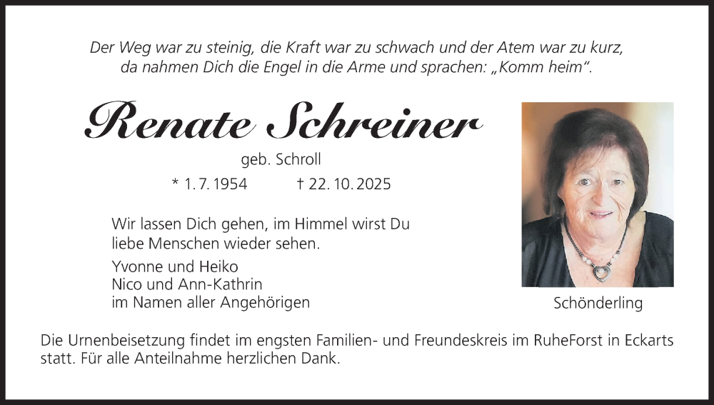  Traueranzeige für Renate Schreiner vom 25.10.2025 aus MGO
