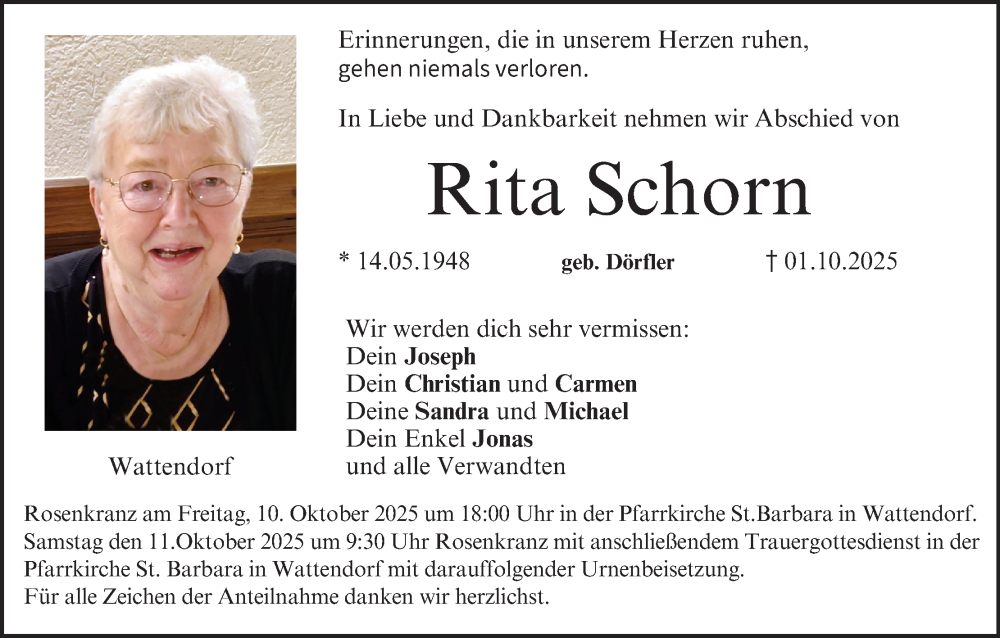  Traueranzeige für Rita Schorn vom 04.10.2025 aus MGO