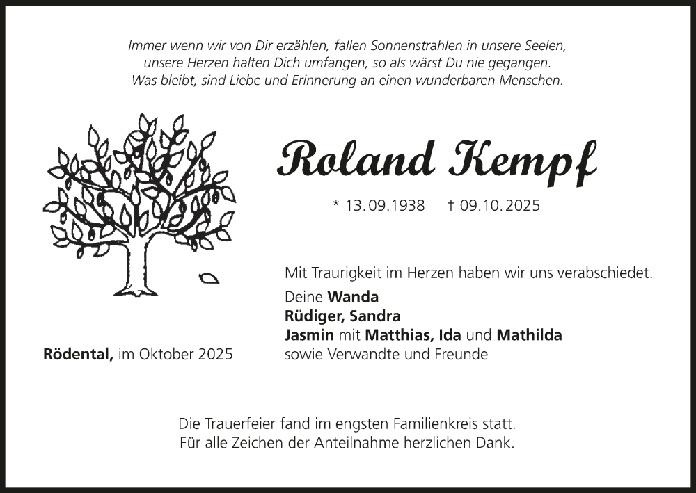  Traueranzeige für Roland Kempf vom 25.10.2025 aus MGO