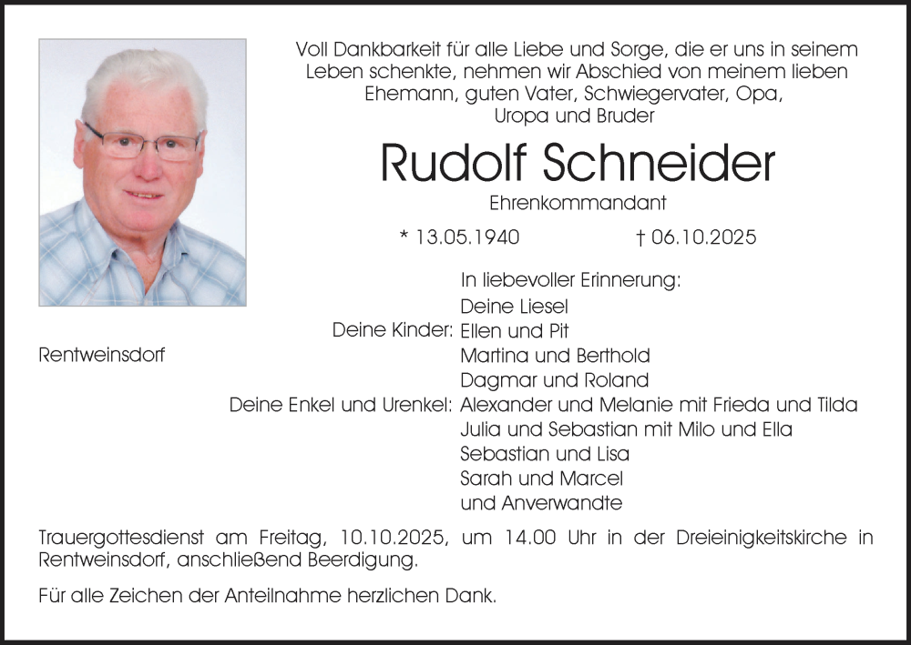  Traueranzeige für Rudolf Schneider vom 08.10.2025 aus MGO