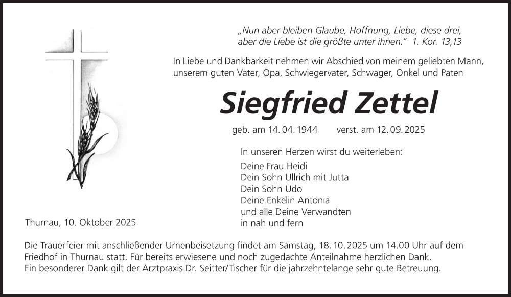  Traueranzeige für Siegfried Zettel vom 11.10.2025 aus MGO